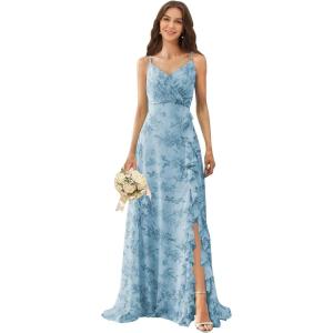 imagehomdor Chiffon Bridesmaid Dresses Spaghetti Straps V Neck Ruffle Evening Formal GownFloral Steel Blue