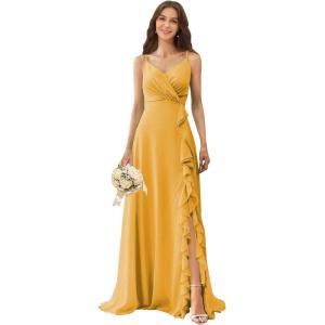 imagehomdor Chiffon Bridesmaid Dresses Spaghetti Straps V Neck Ruffle Evening Formal GownGold