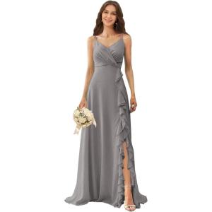 imagehomdor Chiffon Bridesmaid Dresses Spaghetti Straps V Neck Ruffle Evening Formal GownGray