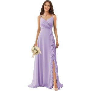 imagehomdor Chiffon Bridesmaid Dresses Spaghetti Straps V Neck Ruffle Evening Formal GownLilac