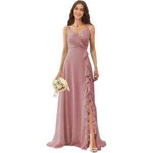 imagehomdor Chiffon Bridesmaid Dresses Spaghetti Straps V Neck Ruffle Evening Formal GownMauve
