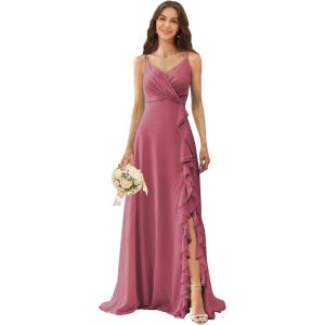 imagehomdor Chiffon Bridesmaid Dresses Spaghetti Straps V Neck Ruffle Evening Formal GownMulberry