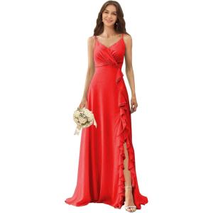 imagehomdor Chiffon Bridesmaid Dresses Spaghetti Straps V Neck Ruffle Evening Formal GownRed