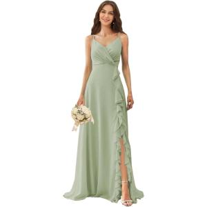 imagehomdor Chiffon Bridesmaid Dresses Spaghetti Straps V Neck Ruffle Evening Formal GownSage Green