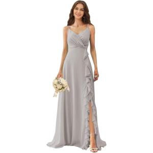 imagehomdor Chiffon Bridesmaid Dresses Spaghetti Straps V Neck Ruffle Evening Formal GownSilver