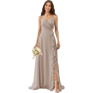 imagehomdor Chiffon Bridesmaid Dresses Spaghetti Straps V Neck Ruffle Evening Formal GownTaupe