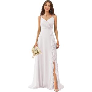 imagehomdor Chiffon Bridesmaid Dresses Spaghetti Straps V Neck Ruffle Evening Formal GownWhite