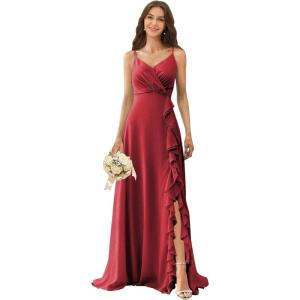 imagehomdor Chiffon Bridesmaid Dresses Spaghetti Straps V Neck Ruffle Evening Formal GownWine Red