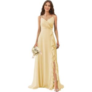 imagehomdor Chiffon Bridesmaid Dresses Spaghetti Straps V Neck Ruffle Evening Formal GownYellow