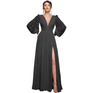 imagehomdor Long Sleeve Bridesmaid Dresses Chiffon Prom Dress Long Lace Applique Wedding Dress V Neck Formal Gowns with SlitBlack