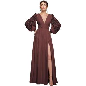 imagehomdor Long Sleeve Bridesmaid Dresses Chiffon Prom Dress Long Lace Applique Wedding Dress V Neck Formal Gowns with SlitBurgundy