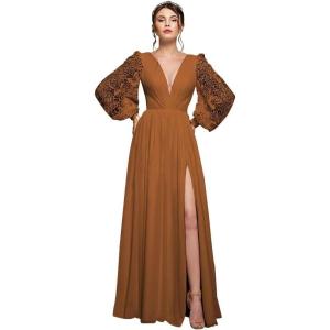 imagehomdor Long Sleeve Bridesmaid Dresses Chiffon Prom Dress Long Lace Applique Wedding Dress V Neck Formal Gowns with SlitBurnt Orange