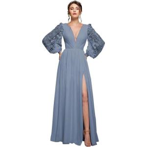 imagehomdor Long Sleeve Bridesmaid Dresses Chiffon Prom Dress Long Lace Applique Wedding Dress V Neck Formal Gowns with SlitDusty Blue