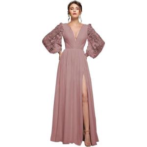 imagehomdor Long Sleeve Bridesmaid Dresses Chiffon Prom Dress Long Lace Applique Wedding Dress V Neck Formal Gowns with SlitDusty Rose