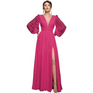 imagehomdor Long Sleeve Bridesmaid Dresses Chiffon Prom Dress Long Lace Applique Wedding Dress V Neck Formal Gowns with SlitFuchsia