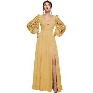 imagehomdor Long Sleeve Bridesmaid Dresses Chiffon Prom Dress Long Lace Applique Wedding Dress V Neck Formal Gowns with SlitGold