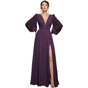 imagehomdor Long Sleeve Bridesmaid Dresses Chiffon Prom Dress Long Lace Applique Wedding Dress V Neck Formal Gowns with SlitGrape