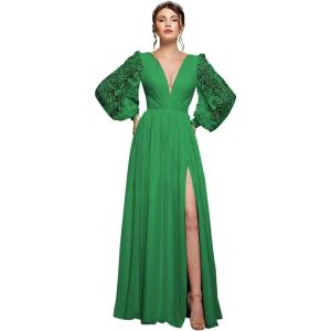 imagehomdor Long Sleeve Bridesmaid Dresses Chiffon Prom Dress Long Lace Applique Wedding Dress V Neck Formal Gowns with SlitGreen