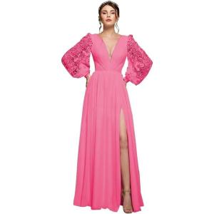 imagehomdor Long Sleeve Bridesmaid Dresses Chiffon Prom Dress Long Lace Applique Wedding Dress V Neck Formal Gowns with SlitHot Pink