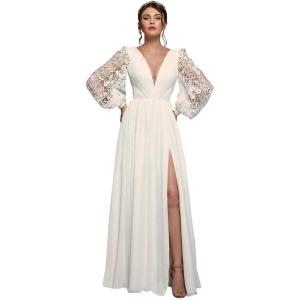imagehomdor Long Sleeve Bridesmaid Dresses Chiffon Prom Dress Long Lace Applique Wedding Dress V Neck Formal Gowns with SlitIvory
