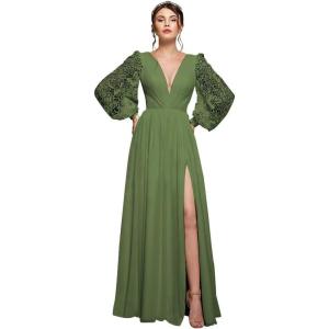 imagehomdor Long Sleeve Bridesmaid Dresses Chiffon Prom Dress Long Lace Applique Wedding Dress V Neck Formal Gowns with SlitOlive