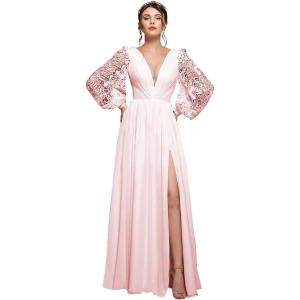 imagehomdor Long Sleeve Bridesmaid Dresses Chiffon Prom Dress Long Lace Applique Wedding Dress V Neck Formal Gowns with SlitPink