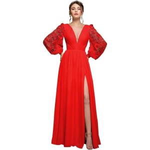 imagehomdor Long Sleeve Bridesmaid Dresses Chiffon Prom Dress Long Lace Applique Wedding Dress V Neck Formal Gowns with SlitRed