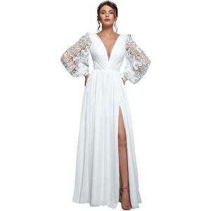 imagehomdor Long Sleeve Bridesmaid Dresses Chiffon Prom Dress Long Lace Applique Wedding Dress V Neck Formal Gowns with SlitWhite