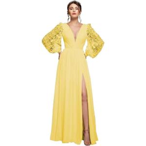 imagehomdor Long Sleeve Bridesmaid Dresses Chiffon Prom Dress Long Lace Applique Wedding Dress V Neck Formal Gowns with SlitYellow