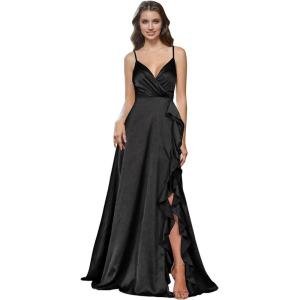 imagehomdor Satin Bridesmaid Dresses Spaghetti Straps V Neck Ruffle Formal Evening GownBlack