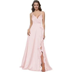 imagehomdor Satin Bridesmaid Dresses Spaghetti Straps V Neck Ruffle Formal Evening GownBlush Pink