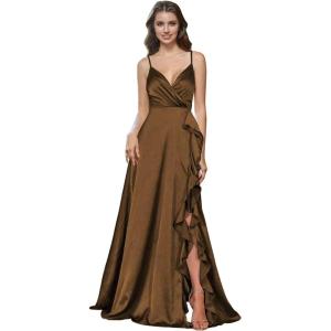 imagehomdor Satin Bridesmaid Dresses Spaghetti Straps V Neck Ruffle Formal Evening GownBrown