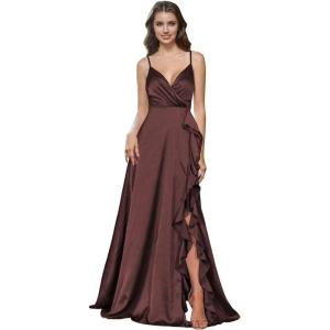 imagehomdor Satin Bridesmaid Dresses Spaghetti Straps V Neck Ruffle Formal Evening GownBurgundy