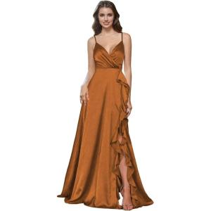 imagehomdor Satin Bridesmaid Dresses Spaghetti Straps V Neck Ruffle Formal Evening GownBurnt Orange
