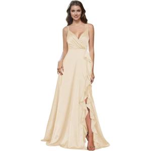 imagehomdor Satin Bridesmaid Dresses Spaghetti Straps V Neck Ruffle Formal Evening GownChampagne