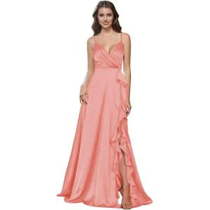imagehomdor Satin Bridesmaid Dresses Spaghetti Straps V Neck Ruffle Formal Evening GownCoral