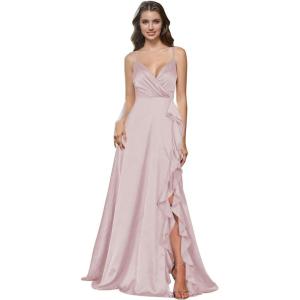 imagehomdor Satin Bridesmaid Dresses Spaghetti Straps V Neck Ruffle Formal Evening GownDusty Pink