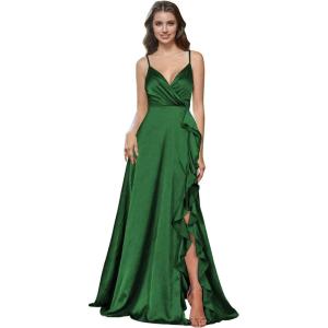 imagehomdor Satin Bridesmaid Dresses Spaghetti Straps V Neck Ruffle Formal Evening GownEmerald Green