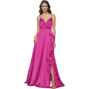 imagehomdor Satin Bridesmaid Dresses Spaghetti Straps V Neck Ruffle Formal Evening GownFuchsia