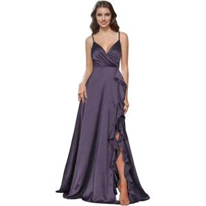 imagehomdor Satin Bridesmaid Dresses Spaghetti Straps V Neck Ruffle Formal Evening GownGrape