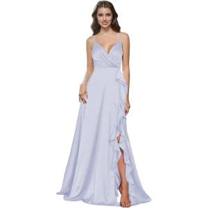imagehomdor Satin Bridesmaid Dresses Spaghetti Straps V Neck Ruffle Formal Evening GownLavender