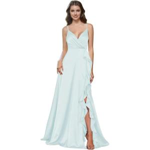 imagehomdor Satin Bridesmaid Dresses Spaghetti Straps V Neck Ruffle Formal Evening GownLight Blue
