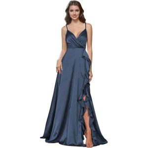 imagehomdor Satin Bridesmaid Dresses Spaghetti Straps V Neck Ruffle Formal Evening GownNavy Blue