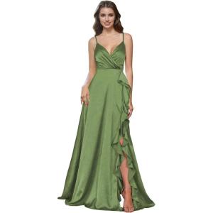 imagehomdor Satin Bridesmaid Dresses Spaghetti Straps V Neck Ruffle Formal Evening GownOlive Green