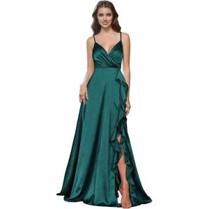 imagehomdor Satin Bridesmaid Dresses Spaghetti Straps V Neck Ruffle Formal Evening GownPeacock