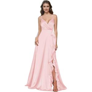 imagehomdor Satin Bridesmaid Dresses Spaghetti Straps V Neck Ruffle Formal Evening GownPink