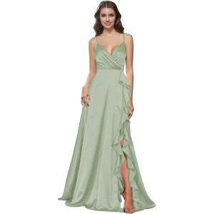 imagehomdor Satin Bridesmaid Dresses Spaghetti Straps V Neck Ruffle Formal Evening GownSage