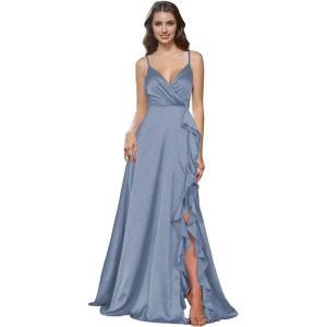 imagehomdor Satin Bridesmaid Dresses Spaghetti Straps V Neck Ruffle Formal Evening GownSteel Blue