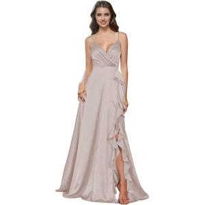 imagehomdor Satin Bridesmaid Dresses Spaghetti Straps V Neck Ruffle Formal Evening GownTaupe