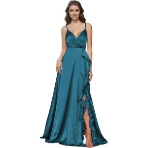 imagehomdor Satin Bridesmaid Dresses Spaghetti Straps V Neck Ruffle Formal Evening GownTeal